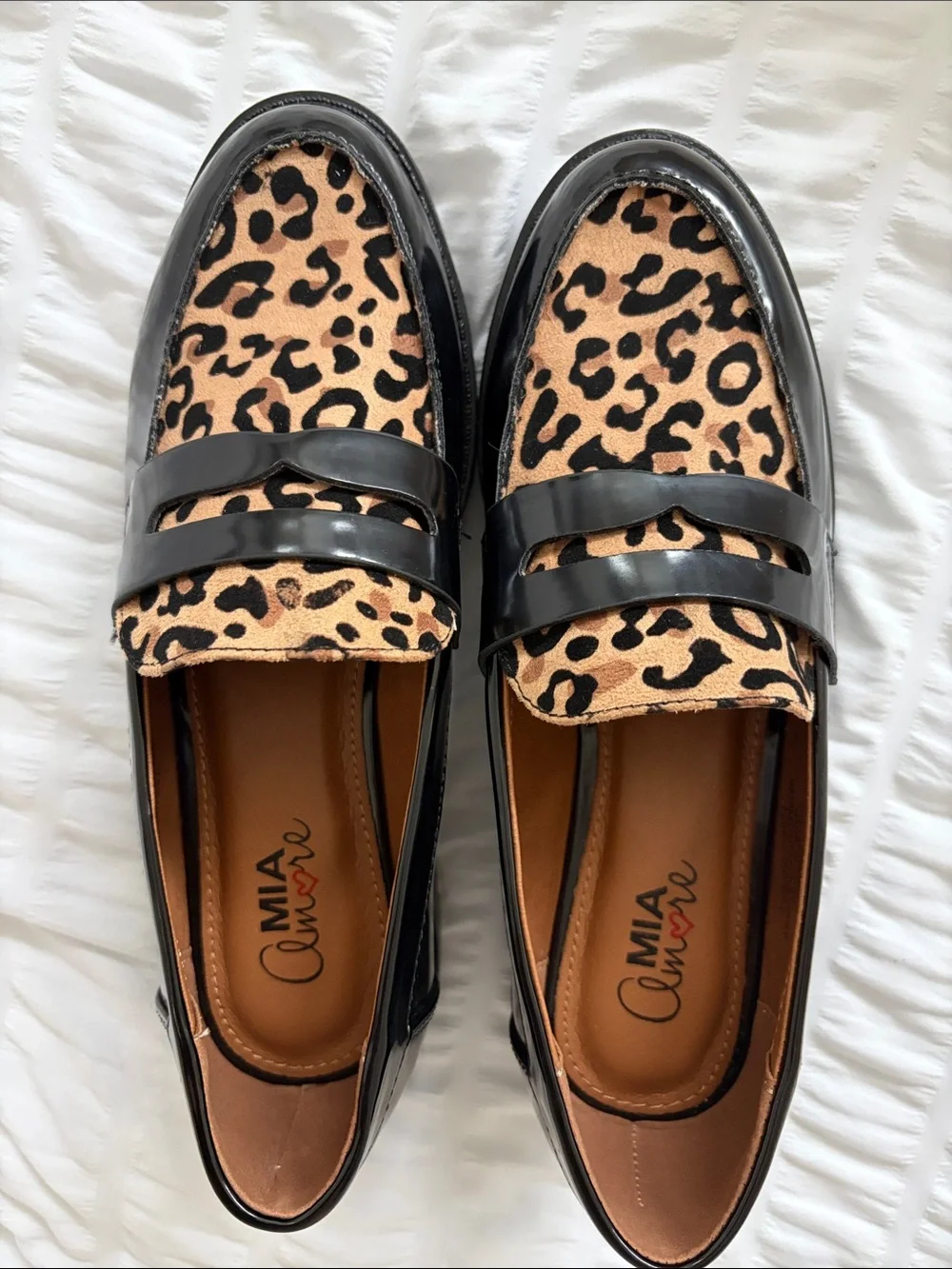 Mia Amore Black Patent Vegan Loafers with Leopard Print and Lug Style Sole. NEW!